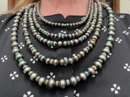 24" long, 5 Strands Sterling Silver Navajo Pearls Necklace